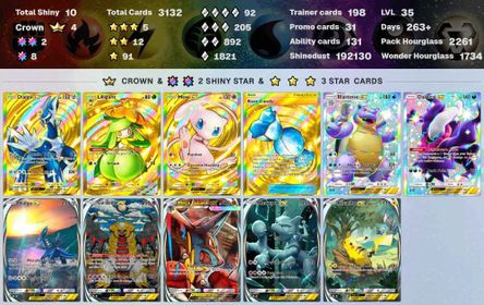 4285 ENG cards ✨Pack Hourglass 3239 ✨6 Crown (Arceus ex, Rare Candy, Dialga ex, Mew ex, Team Rocket's Goo-zooka) ✨Total Shiny 19 ✨3*(AR+) 7