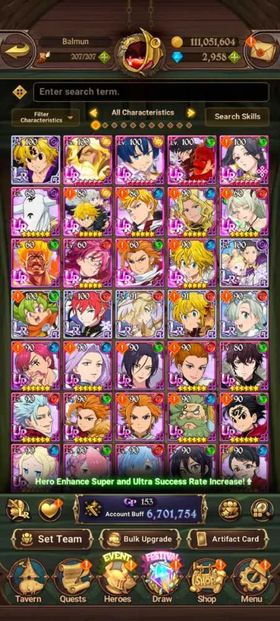 Global, 2.990💎new UR Odin, 6,7 Mil buff, 7LR + 14UR + 12 collab chars : 8 Rezero chars + Full Gachiakuta, have UR Odin + UR Gawain + UR Nemesis Meliodas + UR MerlinEscanor + Special Reward Box + LR coin 100x