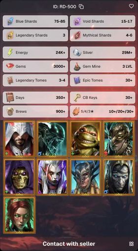 💎 Gems: 3000+ | 🔴 4-6 Myth Shards | 🟠 3 Legend Shards | 🟣 15-17 Void Shards | 🔵 75-85 Blue Shards | 🔥 9 Legend | 🔥 24K+ Energy | 🔥 29M+ Silver