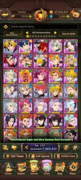 Global, 2.241💎Newest UR Gawain, 7Mil buff, 7LR + 15UR + 13 collab chars : 6 chars Rezero + 3 chars Gachiakuta + Full Fire Force + Konosuba Megumin, have newest UR Gawain + UR Nemesis Meliodas LR + Another Meliodas + Another Ban + 215x LR coin