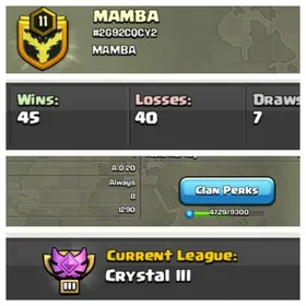 ➤CLAN LEVEL 11➤ CRYSTAL LEAGUE 3 ➤NAME:MAMBA  ➤ RARE ENGLISH NAME ➤ CLAN CAPITAL 8 || WIN-45  | LOSS- 40➤LOW PRICE