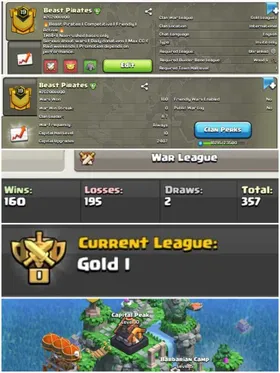 CU- 2407 ➤CLAN LEVEL 20 ➤ GOLD LEAGUE 1➤NAME: Beast Pirates ➤ RARE ENGLISH NAME ➤ CLAN CAPITAL 10 || WIN- 160 | LOSS- 195 ➤LOW PRICE