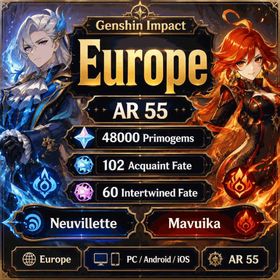 Europe | AR 55 | 48000 Primogems, 102 Acquaint Fate, 60 Intertwined Fate, Neuvillette, Mavuika | Quick Transfer