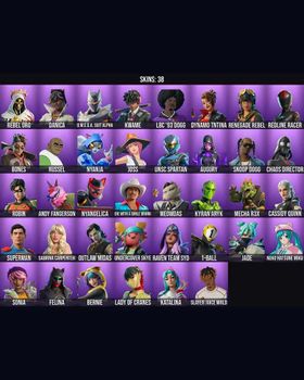 38 Skins Snoop Dogg ⭐️ Katalina ⭐️ Slayer Juice WRLD ⭐️ Neko Hatsune Miku ⭐️ Rebel Oro ⭐️ Danica ⭐️ O.M.E.G.A. Suit Alpha ⭐️ Kwame ⭐️ LBC '93 Dogg ⭐️ Dynamo TNTina ⭐️ Renegade Rebel ⭐️ Redline Racer ⭐️ Bones ⭐️ Russel ⭐️ Nyanja ⭐️ Joss ⭐️ m9253220132
