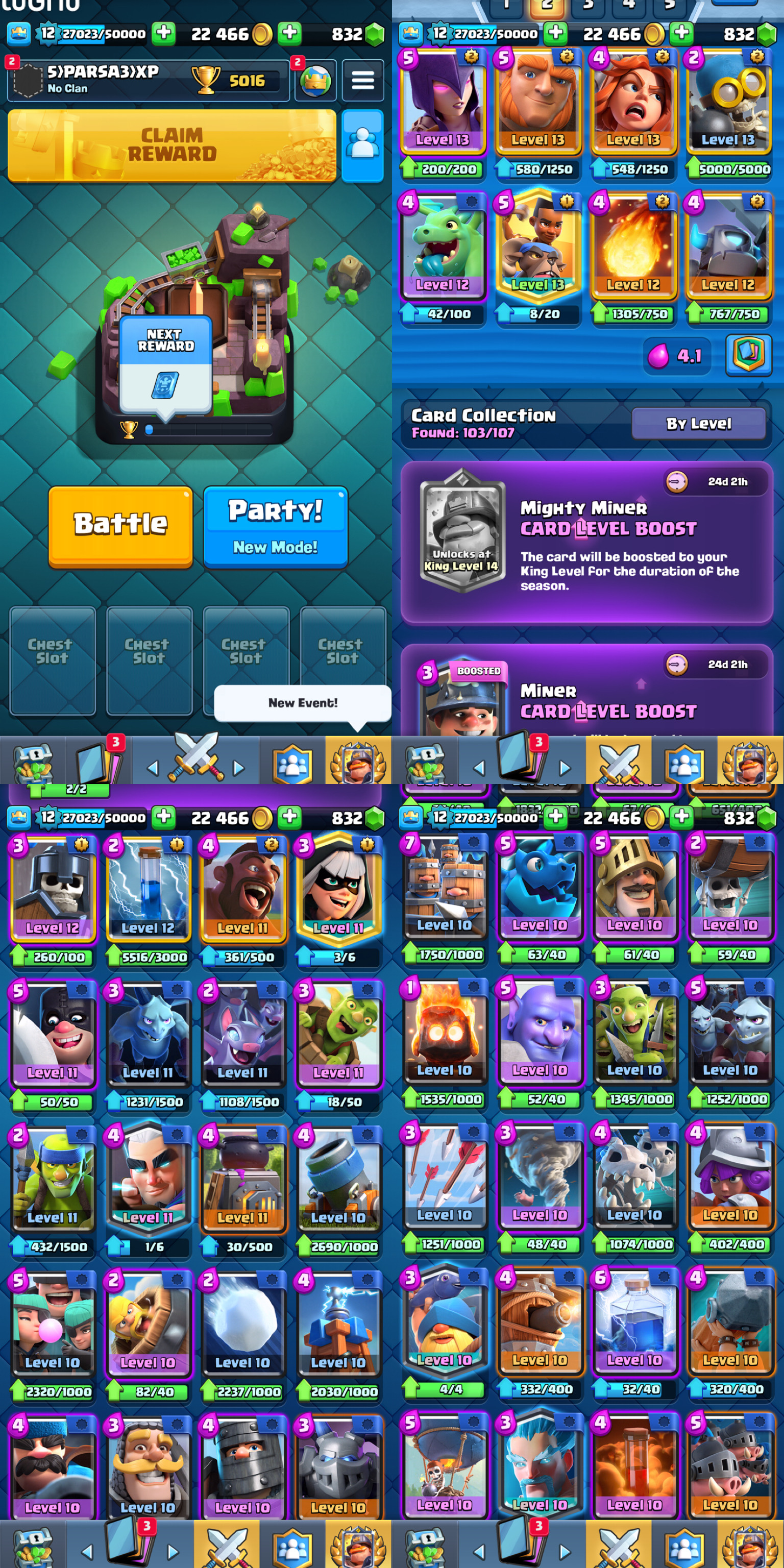 CR1378 | LEVEL12 CR | maxed cards:0 LvL13 cards:5 | Gems:832 | change  name:500gems | iOS/Android