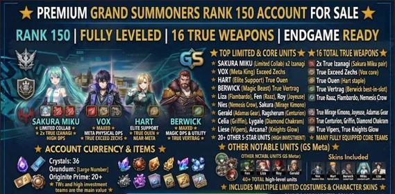 GS528 – Grand Summoners Endgame Account | Rank 150, 16 True Weapons, Double True Izanagi & True Exceed Zechs