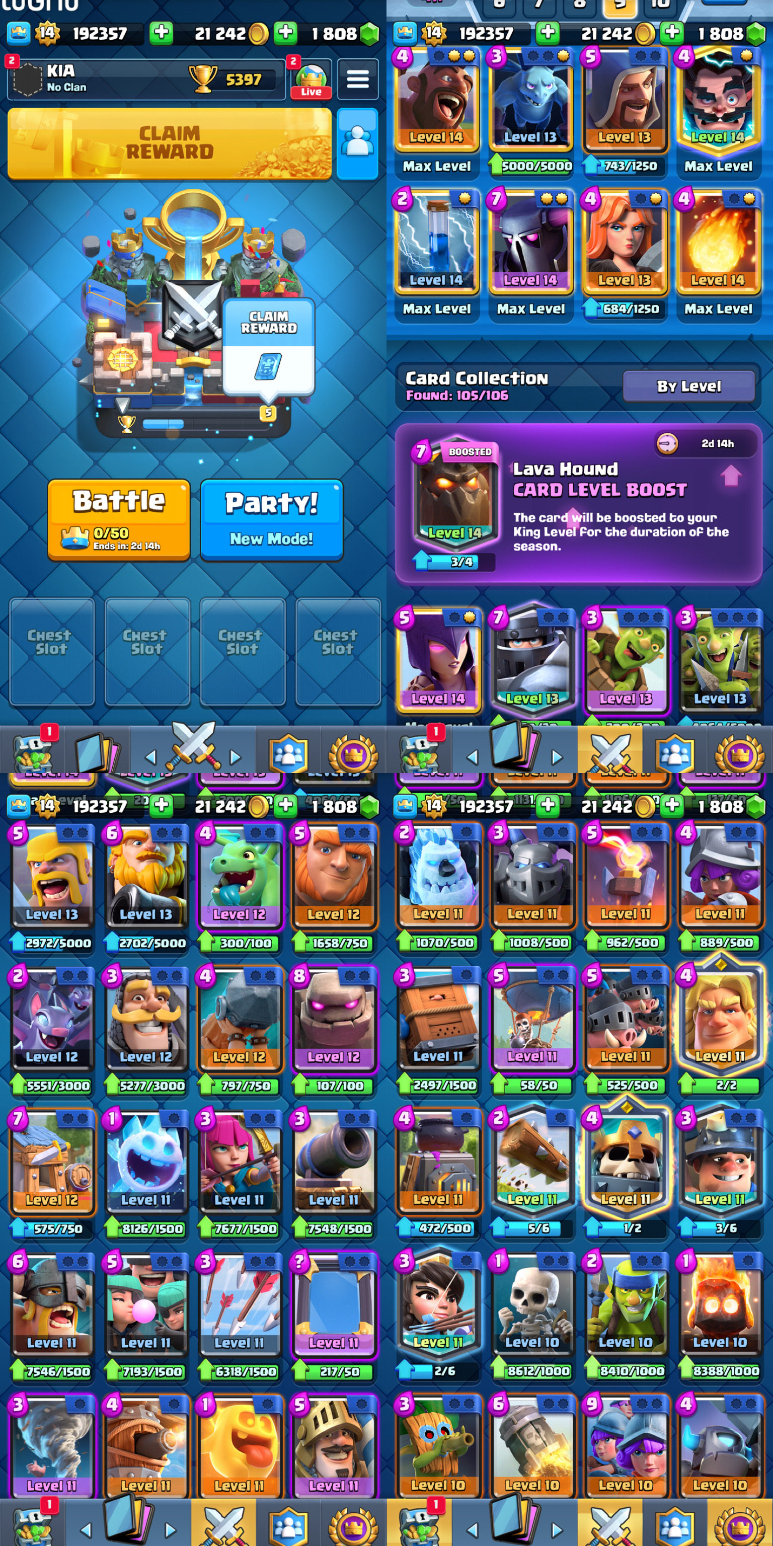 CR1090 | LEVEL14 CR | maxed cards:6 LvL13 cards:8 | Gems:1808 | change  name:1000gems | iOS/Android