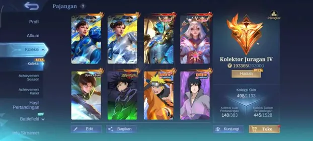 [GLOBAL SERVER] [498 SKIN] | GUINEVERE STREET FIGHTER + MARTIS LEVI + JULIAN FUSHIGURO + SUYOU SASUKE + LUKAS NARUTO + KALEA SAKURA + ANGELA HELLO KITTY + ASPIRANTS FANNY + MOSKOV ALL STAR + LESLEY ASPIRANTS + VALIR KOF + LUNOX LEGEND + GORD LEGEND + HAYABUSA SHURA + GUSION KOF + KIMMY STARWARS + GUINEVERE KOF + YUZHONG PRIME + SELENA ZENITH + CC ARLOT + CC KHUFRA + CC NATALIA + LB FRANCO + LB CHOU + LB MARTIS + LB KAGURA + LB EUDORA + 4 ANNUAL STARLIGHT + RECALL SOAC