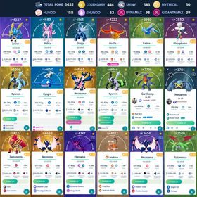 ZYGARDE FINAL FORM | 12 4000+ CP | IV100 SHIELDED ZAMAZENTA | CROWNED ZACIAN | GALARIAN ZAPDOS MOLTRESS | ETERNATUS | 62 SHUNDO | 158 HUNDO | 39 GIGANTAMAX | 98 DYNAMAX | 50 MYTHICAL | 583 SHINY | 444 LEGENDARY  | 280 SPECIAL | 42 SHADOW | 1452 POKEMON | 6x ULTRA BALL | 1x MASTER BALL  Account Details  Level: 74  Total XP: 265,175,986  Stardust: 25,374,920    Pokémon Storage: 1,452 / 1,800    Item Storage: 2,952 / 2,800   Pokémon Overview  Shiny: 583    Legendary: 444    CP 2000+ Pokémon: 453    Special Background: 135    Perfect (4★ / 100% IV): 158    Event Pokémon: 182    Dynamax: 98    Can Mega Evolve: 86    Shiny Legendary: 64    Shundo (Shiny 4★): 62    Mythical: 50    Shadow: 42    Gigantamax: 39    Location Background: 20    Purified: 19    Location Background Shiny: 8   Mewtwo Resources  Mewtwo Candy: 392    Mewtwo Candy XL: 334    Mega Energy Y: 4,400   Main Items  Great Ball: 1,903    Max Revive: 129    Golden Razz Berry: 126    Max Potion: 80    Premium Battle Pass: 82    Rare Candy XL: 78    Hyper Potion: 58    Star Piece: 46    Purified Gem: 37    Lucky Egg: 34    Poffin: 34    Incense: 30    Rare Candy: 15    Charged TM: 6    Elite Charged TM: 6    Rocket Radar: 6    Fast TM: 10    Remote Raid Pass: 3    Master Ball: 1