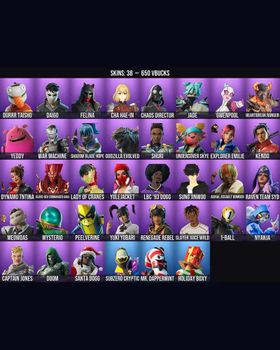 38 Skins Slayer Juice WRLD ⭐️ Godzilla Evolved ⭐️ Durrr Taisho ⭐️ Daigo ⭐️ Felina ⭐️ Cha Hae-In ⭐️ Chaos Director ⭐️ Jade ⭐️ Gwenpool ⭐️ Heartbreak Ranger ⭐️ Yeddy ⭐️ War Machine ⭐️ Shadow Blade Hope ⭐️ Shuri ⭐️ Undercover Skye ⭐️ m9950090593