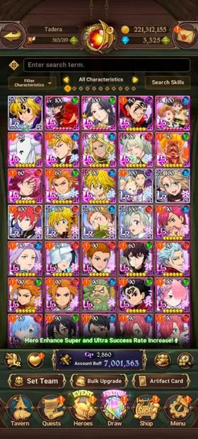 Global, 3.406💎7 Million buff, 7LR + 13UR + 14 collab chars : Rezero + Gachiakuta + Full Fire Force + Konosuba, have UR Nemesis Meliodas LR 3/6 + 293x LR coin + Special Reward Box