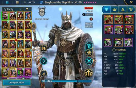 Lv 62|1,8M Power|1 Mythic(Siegefrund Nephilim)+25 Legend(Ninja,2 Assasins,Noldua,Rathalos,Elva,Deacon,Fahra,Etc)|Plarium|RSL1785