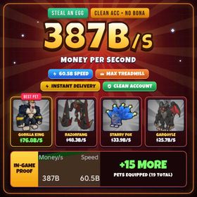 387B/s +++ INCOME | 60.5B+ SPEED | GORILLA KING 76.8B/s + RAZORFANG 48.3B/s + STARRY FOX | MAX TREADMILL | CLEAN ACC NO BONA