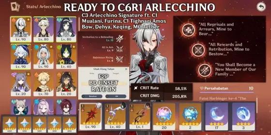 [ FLASH SALE ] C3 Arlecchino Signature R1 + C1 Mualani + Furina + C1 Tighnari Amos Bow + Dehya + Keqing + Lyney Weapon + MC Aether | Primogems Worth 3.5K+ | Birthday Unset | Free to Play Safe | Fast Delivery