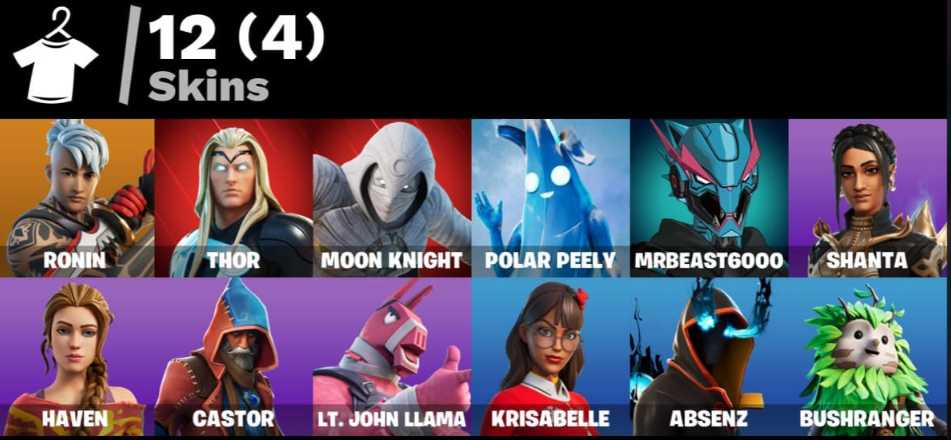 12 Skins+150 vbucks Ronin + Thor + Moon Knight + Polar Peely ...