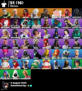 MIDSUMMER MIDAS📌ZADIE✅DIAMOND HANZ📌LENNOX ROSE VANGUARD ZADIE✅GRIMEY📌BURNOFF✅WILD BEARY GRRIZ DUPLI-KATE📌MALIK(SOLITARY DEFENDER)💜51 SKINS💜PSN XBOX NINTENDO PC💜EMAIL💜100-vBUCKS