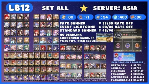 [ASIA LB12] TL70 Himeko Nova + SW999 + Castorice + Phainon + E2 Acheron + Feixiao + Saber + Archer + Rappa Account
