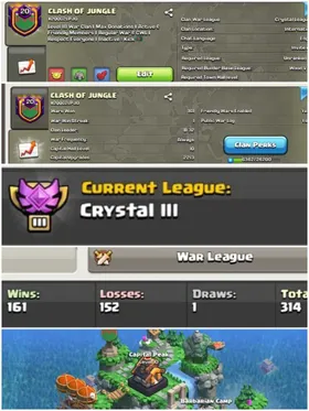 CU- 2213 ➤CLAN LEVEL 20 ➤ CRYSTAL LEAGUE 3➤NAME: CLASH OF JUNGLE➤ RARE ENGLISH NAME ➤ CLAN CAPITAL 10 || WIN- 161 | LOSS- 152 ➤LOW PRICE