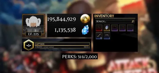 [ AOTR ] Account:477 Lv.225MAX 195M Gold , 1.1M Gems | Prestige 5 | Thunder spear set | 1 Different Serum | 88 Memory Scroll | Automatic Delivery | Roblox Account | Unverified Account |Attack on Titan Revolution