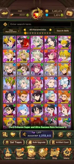 Global, 1.404💎4 Million buff, 8LR + 10UR + Collab Gachiakuta + Rezero Rem, have newest UR Meliodas 3/6 + 194x LR coin + Special Reward Box, story only at chapter 14 + side story all fresh