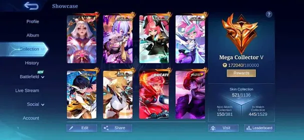 [IOS/ANDROID] CEL LVL 118 | 133 HEROES | 521 SKINS | MEGA 5 | GIRLY COLLAB | LUNOX LEGEND - 5 ASPIRANT VEXANA LESLEY LAYLA CHANGE RUBY - BENE DUCATI - NARUTO - CJPU KOF - OPTIMUS PRIME - 10 LUCKYBOX