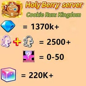 Holy Berry server|1370000+ Crystals| 2500+ Cookie Cutters|Rainbow Cubes 220000+|iOS/Android Cookie Run: Kingdom