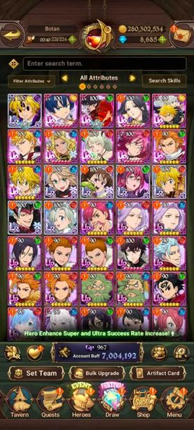 Global, 8.685💎 UR Gawain. 7 Mill buff, 7LR + 11UR fest + 7 collab chars , Have newest UR Gawain 1/6 + Nemesis Meliodas LR 2/6 + Special Reward Box