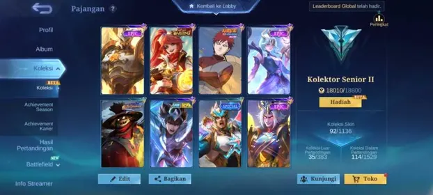 EX 344|LV 38|HERO 61|SKIN 92|SENIOR II|2 MAX EMBLEM|LAYLA BLAZING|VALE GAARA|BADANG PEGASUS SEIYA|2 MEOW KIN (LESLEY,JULIAN)|4 EPIC (GROCK,URANUS,LUNOX,KHUFRA)|