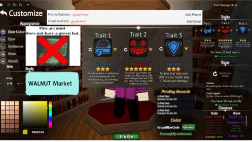 Account Starter | Trait Mythic Maniac 0.15% | Race Human (Long Legged) | Grand Blue | Roblox