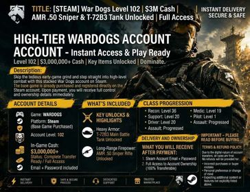 🔥 WARDOGS Level 102 | 3M Cash 💰 | AMR .50 Sniper + T-72B3 Tank 🚜 | Full Access ⚡STEAM