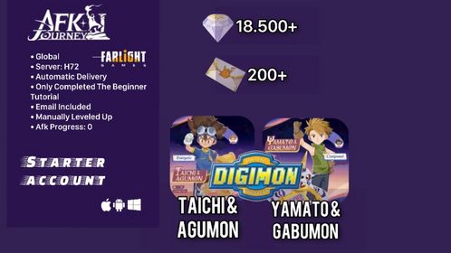 ⚔️ [ Digimon Collab ]: Taichi & Agumon+Yamato & Gabumon + 200 invitations +18,500 diamonds+ Celestial/Hypogean Selector | AFK progress 0 | Global | H72 | Instant Delivery #afk07