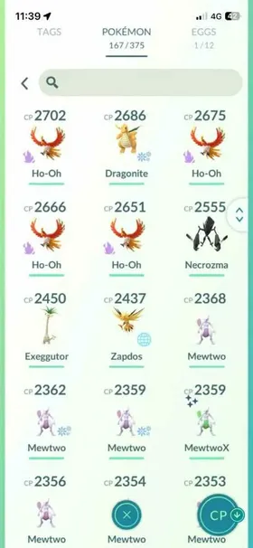 PGO# 5➤Lvl42➤19 Shinies➤Mega Mewtwo X/Y➤Shadow Dialga➤Shadow Palkia➤Shadow Ho-Oh➤581K Stardust➤20 Premium Pass