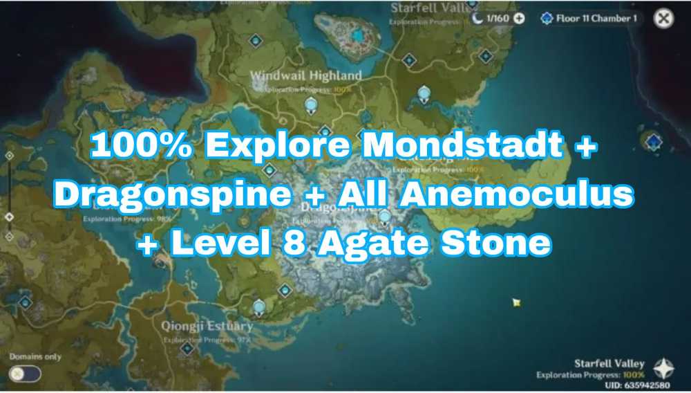 100 Explore Mondstadt + Dragon spine + All Anemoculus + level 8 Agate