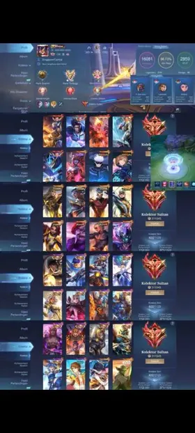 622 Skins. world collector. Good win rate. 5 Legend. 5 Dawning. 13 Collector. Selena Abyss. Gojo. Nobara. Gusion KOF. Chou KOF