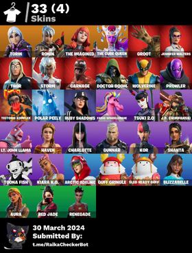 33  SKINS,  TORIN,  RONIN,  THE  IMAGINED,  THE  CUBE  QVEEN,  POLAR  PEELY,  STORM,  DOCTOR  DOOM,   PROWLER,  CARNAGE,  GROOT,CHANGE EMAIL PC/XBOX/PSN/Switch