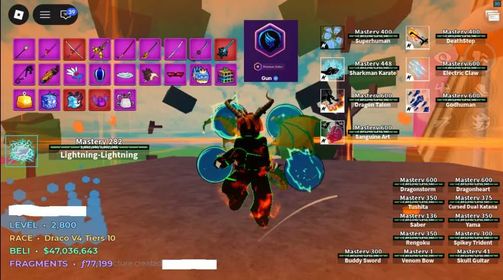 Blox Fruit | Level 2800 | Draco V4 T10 | Lightning | Sanguine Art | Cursed Dual Katana | 47M Beli / 77K Flagment | Unverified Account | Instant Delivery