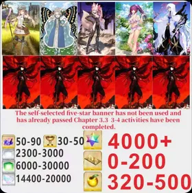 Japen server|4000+ Saint Quartz +Characters in the picture+ Call Sign 0-200 +Golden Fruit 320-500[See Picture]|Optional five stars not used + Plot has passed 3.3|Android|iOS |LDC011|Fate Grand Order