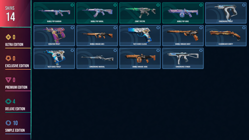 🥑 AP 🥑 14 SKINS 🥑 VALUE: 875 VP 🥑 Bubble Pop Guardian 🥑 Bubble Pop Vandal 🥑 Comet Spectre 🥑 Bubble Pop Judge 🥑 Convergence Frenzy 🥑 Sensation Frenzy 🥑 Bumble Brigade Ares 🥑 Tacti-Series Classic 🥑 Bumble Brigade Ghost 🥑 Cloudweaver Shorty 🥑 Tacti-Series Frenzy 🥑 Convergence Marshal 🥑 Bumble Brigade Judge 🥑 Convergence Stinger 🥑 RANKED READY 🥑 23 LEVEL 🥑 INSTANT DELIVERY 🥑 FULL ACCESS 🥑 FG2wN 🥑