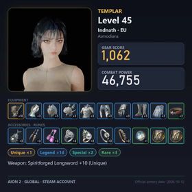 ⭐️️Sale⭐️️Global EU Indnath | Lv45 Templar | 1062 GS · 46.8K CP | +10 Unique Weapon | Original Email