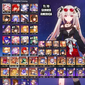 NALv70⭐️Sparxie + Skin , Yao Guang + Silver Wolf LV.999 + Himeko Nova + Hyacine + Aglaea E1 +LC, Tribbie + Mydei +LC, Castorice + The Dahlia + The Herta + Sunday +LC, Robin +LC, Acheron + Sparkle + Ruan Mei E1 +LC, Lingsha + Dan Heng Permansor Terrae + Gilgamesh + Saber + Archer + Feixiao + Huohuo E1 + Fu Xuan + Luocha + Bronya E4 + Gepard E2 + Blade E1