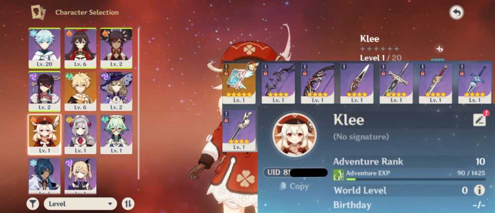 Asia Ar 10 Klee Skyward Atlas with godly 4⭐ weapon, unlink email instant delivery