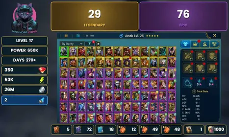 Tholin,Ukko,Candraphon,Fu-Shan,Hurndig,Gamuran,Lysanthir!29 Legendary, 76 Epic Champion! 2 Ancient Shard! 53K Energy, 26M Silver, 350 Gems! Changeable Mail!