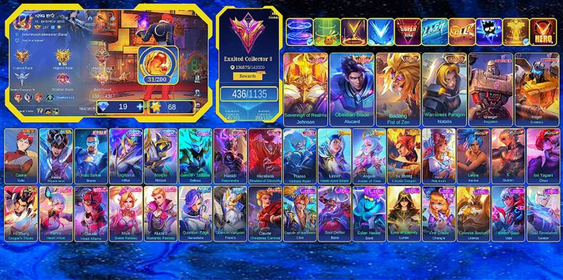 436 SKINS | LEGEND JOHNSON & ALUCARD | 3 KOF CHOU & GUSION | 2 COLLECTOR | PRIME YU ZHONG | 4 LUCKYBOX | 27 LIMITED COLAB | 41 RARE SHOP | RECALL EPIC |