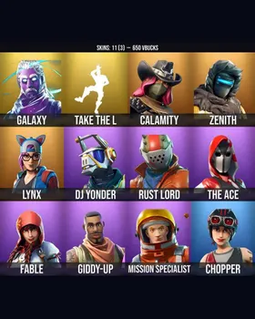 11 Skins Galaxy ⭐️ Take The L ⭐️ Blaze ⭐️ Fable ⭐️ Calamity ⭐️ Rust Lord ⭐️ Zenith ⭐️ DJ Yonder ⭐️ Lynx ⭐️ Giddy-up ⭐️ Mission Specialist ⭐️ The Ace ⭐️ Chopper ⭐️ m9742582756