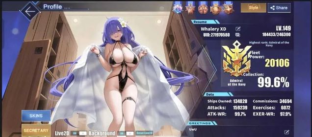 AZL17 – Washington Ultimate Whale Account | 80 UR Ships, 3K Cubes, 24 Live2D Skins & 7 Pages of Rainbow Gear