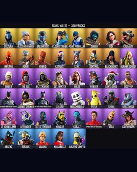 45 Skins Peely ⭐️ Catalyst ⭐️ Marshmello ⭐️ Rox ⭐️ Ember ⭐️ Calamity ⭐️ X-Lord ⭐️ Blackheart ⭐️ Hybrid ⭐️ Zenith ⭐️ DJ Yonder ⭐️ Lynx ⭐️ Giddy-up ⭐️ Sgt. Winter ⭐️ Tilted Teknique ⭐️ Bunker Jonesy ⭐️ Y0ND3R ⭐️ Sentinel ⭐️ Powder ⭐️ Laguna m9700649537