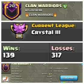 RARE || CU- 2145 || TROOPS  ALL MAX || LEVEL 20 || CLAN CAPITAL-10 || NAME: CLAN WARRIORS || CRYSTAL 3 || WIN- 139 | LOSS- 317 ||