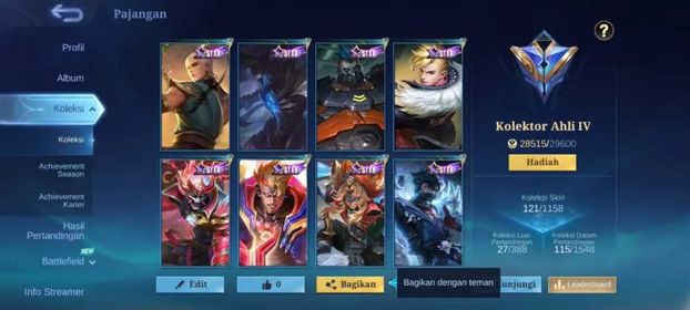 EX 411|LV 13|HERO 67|SKIN 121|EXPERT IV|1 MAX EMBLEM|KARINA KOF|FLORYN SANRIO|SABER SABER SQUAD|ALUCARD LIGHBORN|HANABI VENOM|2 DRAGON TAMER|2 DRAGON TAMER|