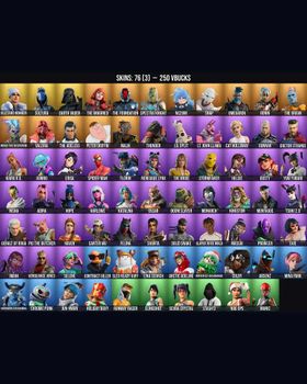 76 Skins Helsie ⭐️ Erisa ⭐️ Katalina ⭐️ Cat Holloway ⭐️ The Ageless ⭐️ The Foundation ⭐️ Slayer Juice WRLD ⭐️ Darth Vader ⭐️ Spider-Man ⭐️ Mina Park ⭐️ Scuba Crystal ⭐️ Evie ⭐️ Contract Giller ⭐️ Manic ⭐️ Blizzard Bomber ⭐️ Sultura ⭐️ m9116688337