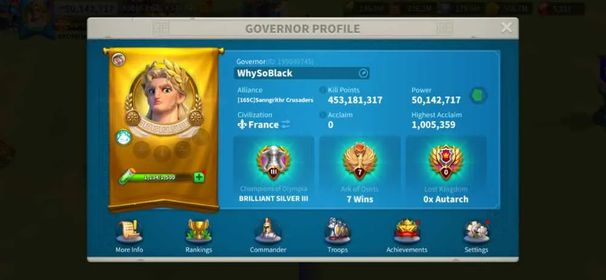 50M Power - VIP 14 - 4 Legendary Commanders Max - 626 Golden Heads - 9 Legendary Equipments - 6bn Resources, 578 Days Speedup - Limited Avatar #560